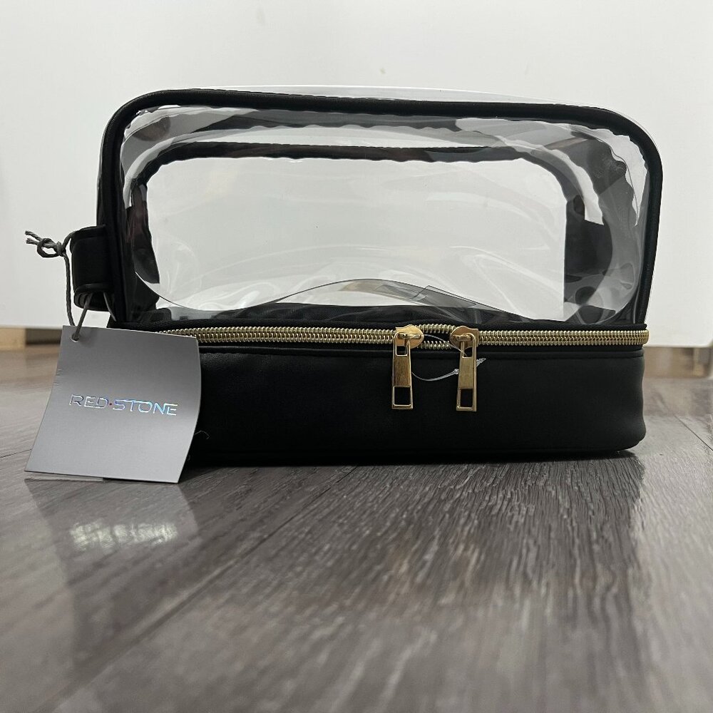 NWT Red Stone Black Clear Travel Cosmetic Bag With Gold Zippers